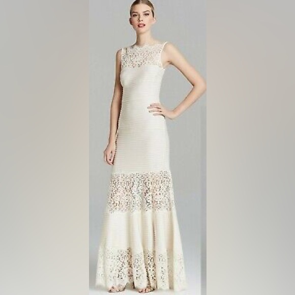 NWT $595 Tadashi Shoji Lace Inset ruched boatneck gown wedding